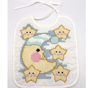 Vintage Janlynn Cross Stitch Complete Bib Moon & Stars Quilted/Sealed Pastel